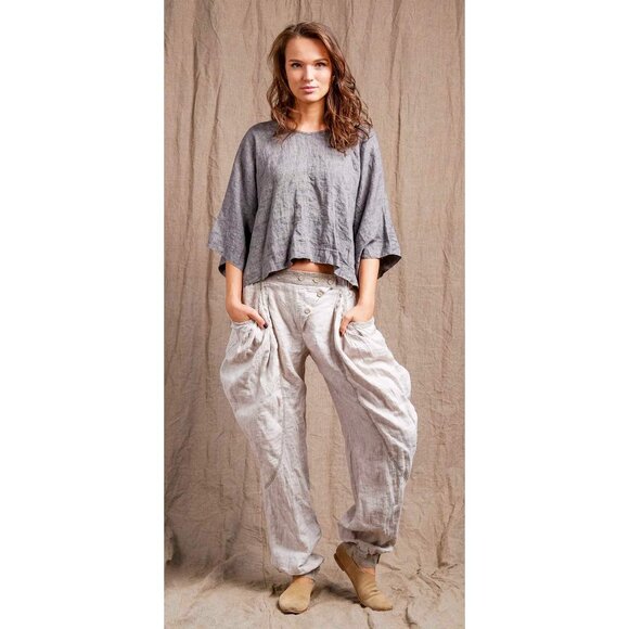 Yuvita Women's 100% Linen Sage Three-Quarter Sleeve Quotidian Top Pullover Shirt - Picture 3 of 11